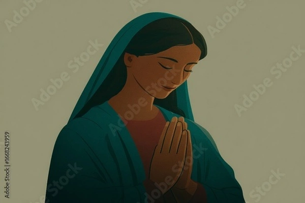 Fototapeta Serene image of Our Lady in blue and white robe, soft glowing light, neutral background with empty space for text, peaceful atmosphere.