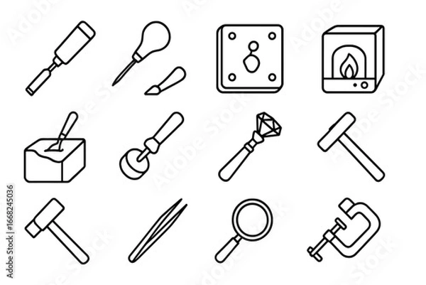 Obraz Jewelry Tools Icons. Outline icon set of traditional jewelry-making techniques: chisel, engraving tool, mold,