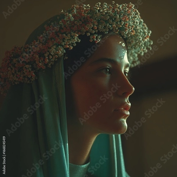 Fototapeta Serene image of Our Lady in blue and white robe, soft glowing light, neutral background with empty space for text, peaceful atmosphere.