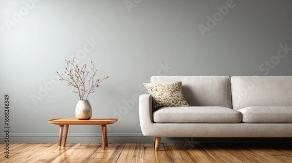Fototapeta Beige sofa sits next to a small wooden table with a vase filled with flowering branches