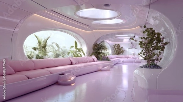 Fototapeta Futuristic hallway with long sofa, plants, and glossy white surfaces in soft pink light