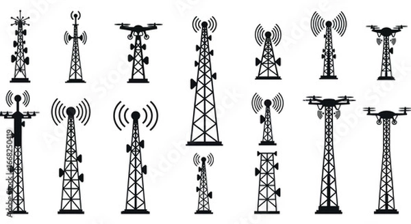 Fototapeta Collection of various cell phone towers and communication antennas on white background
