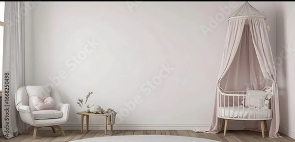 Fototapeta Minimalist baby nursery with a white armchair, wooden side table, and a crib with a pink canopy, creating a serene and cozy atmosphere.