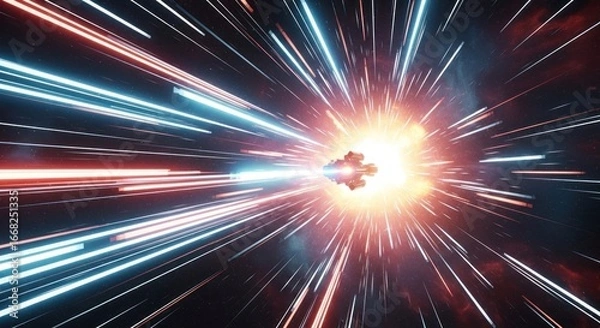 Fototapeta A Starship's Explosive Jump to Lightspeed with Radiant Blue and Red Streaks
