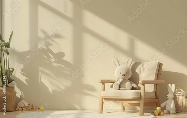 Fototapeta A cozy, sunlit room with a wooden chair, a stuffed rabbit, and plant shadows.