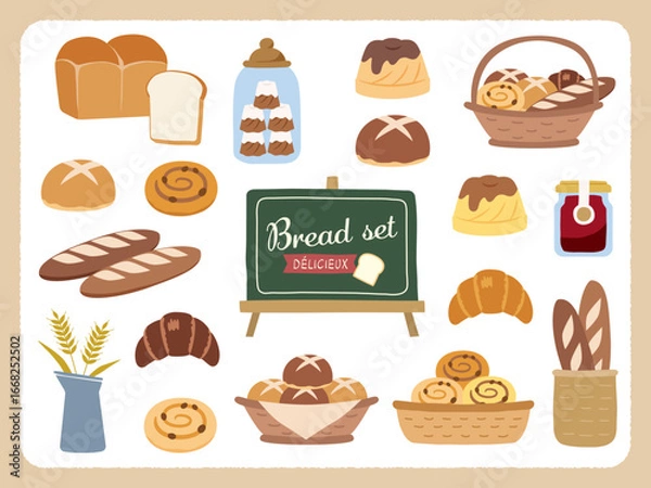 Obraz パンのイラストアイコンセット /食パン,クロワッサン,バゲット,フランスパンなど