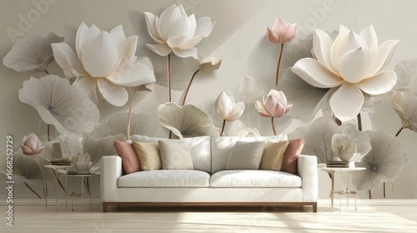 Fototapeta Living room Sofa in front of flowers on a wall in a bright room