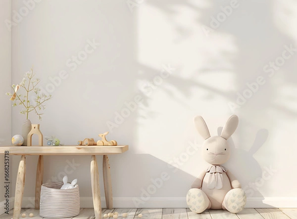 Fototapeta A minimalist nursery corner with a wooden bench, a stuffed bunny, and natural light casting shadows on the wall.
