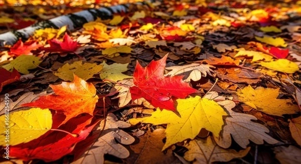 Fototapeta Ground View of Vibrant Autumn Leaves with Water Droplets and Sunlight