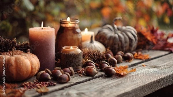 Fototapeta Warm autumnal table scene featuring pumpkins, candles, nuts, and vibrant fall foliage