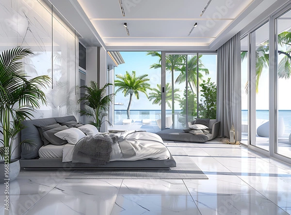Fototapeta Luxurious modern bedroom with a king-size bed, marble floors, and a stunning panoramic ocean view with tropical palm trees.