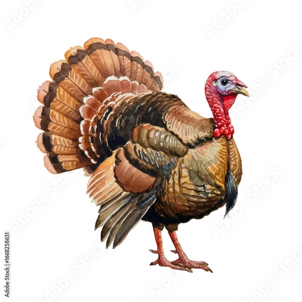Obraz 水彩七面鳥の肖像画 透明背景の茶色と赤色の羽毛を持つ鳥のイラスト