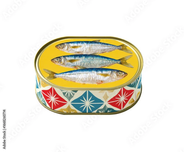 Fototapeta Decorative tin can with sardines displayed on colorful background, cut out transparent 