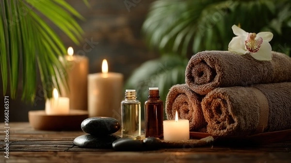 Fototapeta Relaxation spa setup with candles, towels, oils, orchid, and massage stones
