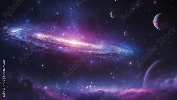 Fototapeta Spiral Galaxy with Glowing Core and Surrounding Planets in Deep Space