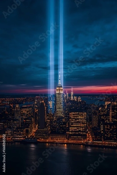 Fototapeta Aerial view of New York City skyline at night with twin beams of light tribute in remembrance of September 11 attacks