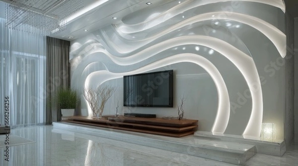 Fototapeta Modern living room featuring a wave-patterned wall with built-in lighting and a sleek television