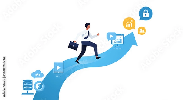 Fototapeta Business Professional Climbing Arrow Towards Digital Success and Growth with Tech Icons