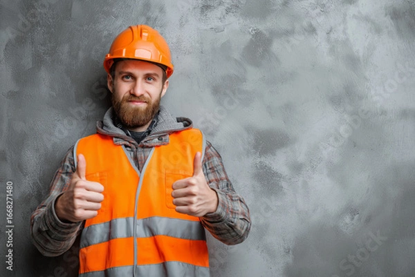 Fototapeta Portrait of confident construction manager in helmet and reflective vest, showing thumbs up, simple solid backdrop