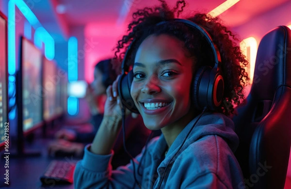 Obraz Cheerful African female gamer smiles holding headphones, seated in gaming chair at club. She participates in online competition, enjoys esports entertainment, demonstrating digital tech skills.