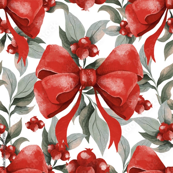 Obraz New Year, Christmas wreath. Cranberry berry. Food, decoration for the holiday. Happy New Year and Merry Christmas. A postcard for the New Year holidays. Seamless Christmas pattern. Believe.