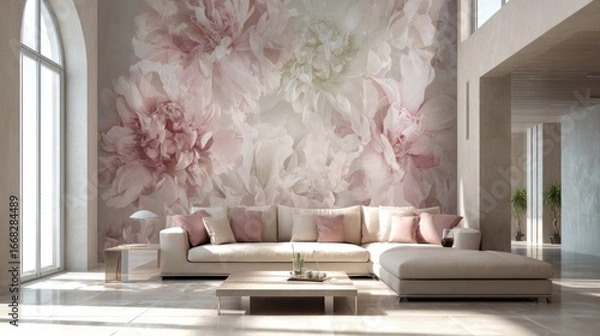 Fototapeta Elegant living space featuring a floral mural, sofa, coffee table, and large windows
