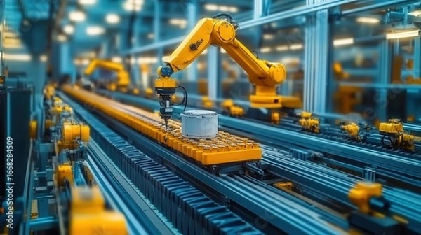 Fototapeta An automated robotic arm efficiently working on an industrial assembly line.