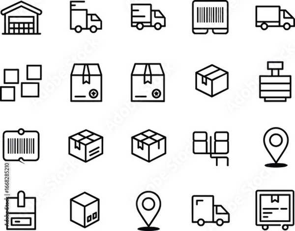 Fototapeta Logistics and warehouse icon set, delivery truck, boxes, barcode scanner, location pin, clipboard, shipping container, inventory, supply chain, vector illustration, black outline