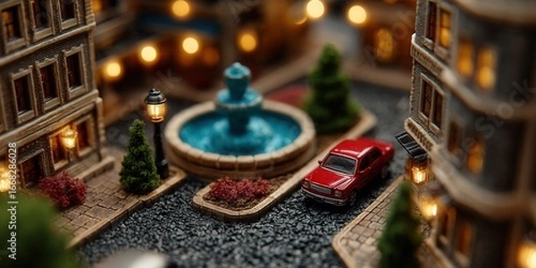 Fototapeta A detailed miniature scene showcasing a red car in a quaint town square with a fountain.
