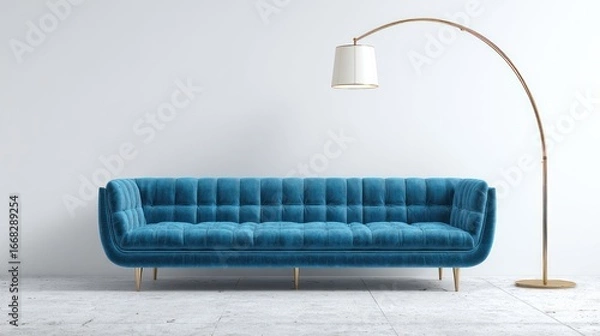 Fototapeta Teal velvet sofa against a white wall with an arching floor lamp. Concrete floor. Modern design