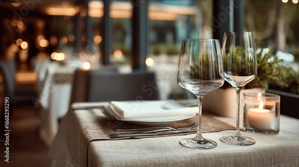 Fototapeta Elegant table setting with wine glasses, candlelight, and white napkins in cozy restaurant interior, creating romantic atmosphere