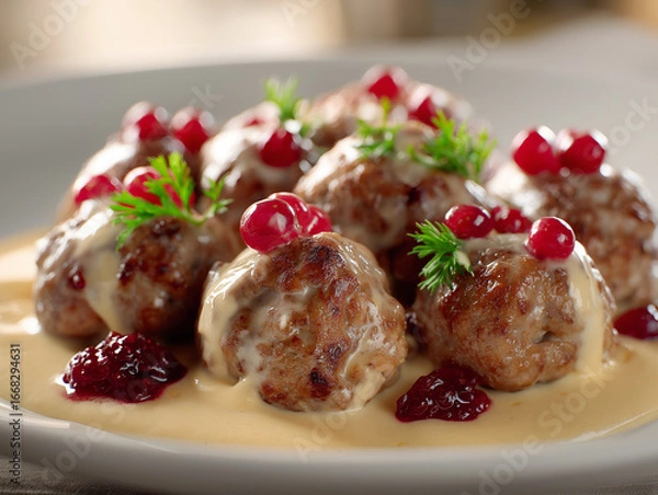 Fototapeta A cinematic, close-up shot of a plate of Swedish Meatballs with lingonberry jam and creamy sauce, arranged on a white surface, captured in full HD with incredible detail and a soft, professional light