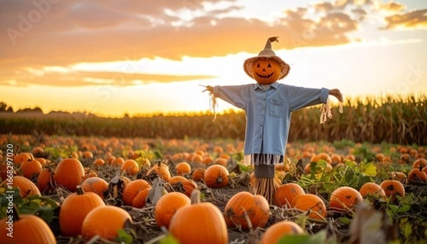 Obraz Scarecrow with Pumpkin Head in Sunset Field, Dramatic Sky