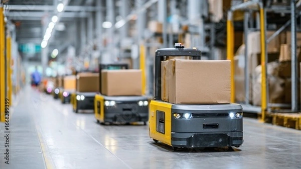 Fototapeta Automated guided vehicles carrying boxes in a warehouse. Streamlining logistics with driverless transport. Efficient warehouse automation in action.