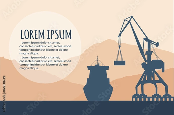 Fototapeta Sztandar portu morskiego z sylwetka żurawia portowego