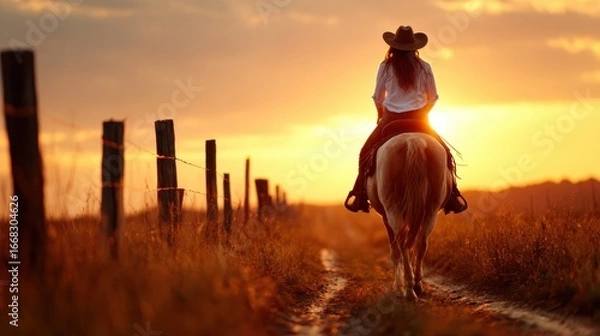 Obraz A serene image of a cowgirl riding a horse along a dirt path at sunset, capturing the essence of freedom and the beauty of rural landscapes in warm golden tones.