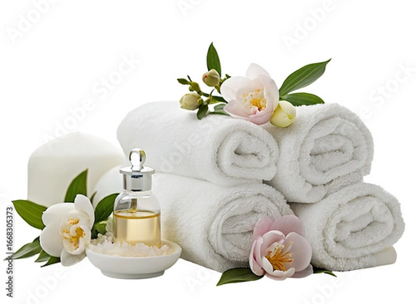 Fototapeta Relaxing spa essentials with fresh towels and floral aromatherapy for ultimate rejuvenation today