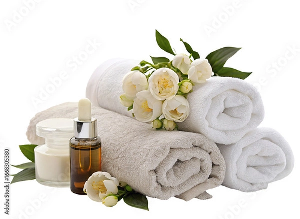 Fototapeta Luxurious spa towels with delicate flowers and essential oils for a serene relaxation experience