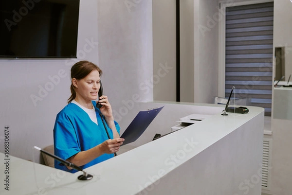 Fototapeta Caucasian young adult woman sitting at reception desk talking on phone while holding clipboard, working in medical office environment with modern equipment visible in background