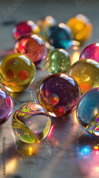 Fototapeta Colorful glass marbles reflecting light create vibrant and playful scene on smooth surface. marbles translucent textures and varied hues add sense of wonder and nostalgia