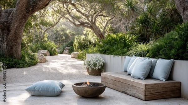 Obraz Minimalist Forest Retreat with Fire Pit and Seating Area