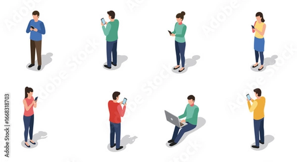 Obraz Isometric people using devices on white background: casual outfit, smartphones, laptop