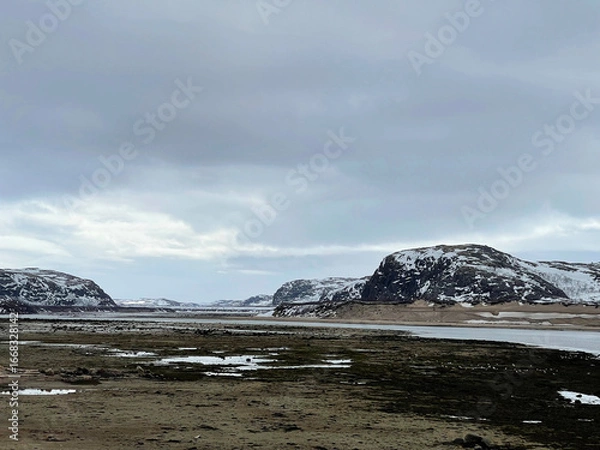 Obraz Gloomy scenery on the shore of the Barents Sea at low tide, Teriberka, Russia