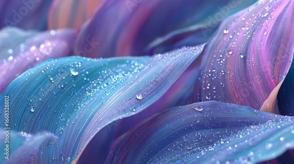 Fototapeta Iridescent leaves covered in water droplets reflecting soft, pastel light