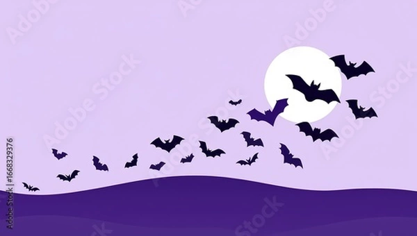 Fototapeta Minimalist Halloween Vector Illustration with Flying Bats, Crescent Moon, and Rolling Hills