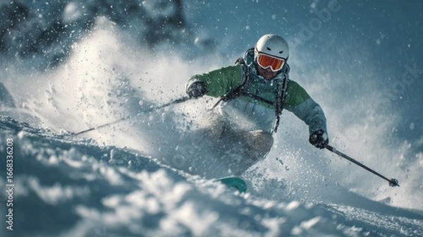 Fototapeta A skier enjoying a thrilling downhill run through fresh, untouched powder snow.