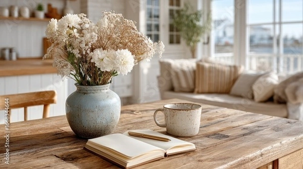 Obraz Open Notebook with Affirmations on Rustic Wooden Table with Flowers and Mug