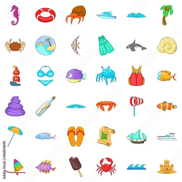 Fototapeta Beach relaxation icons set, cartoon style