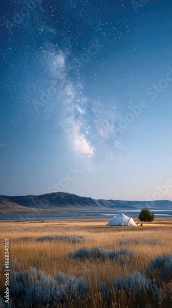 Obraz Person Sitting Outside Tent Under Milky Way Galaxy at Night