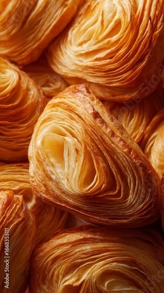 Fototapeta Macro flat lay of freshly baked golden puff pastry with flaky layers, representing a delicious and indulgent dessert or breakfast